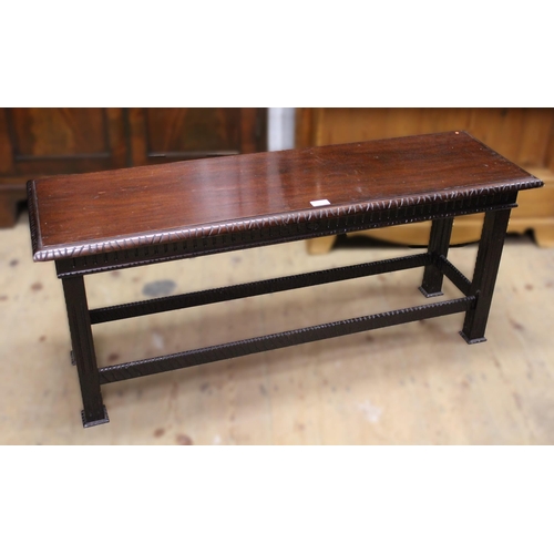 1453 - Reproduction mahogany brass mounted coffee / games table, together with a mahogany rectangular stool... 