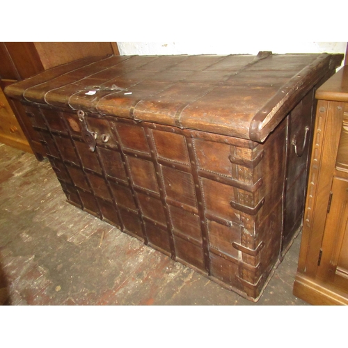 1456 - Large Indian hardwood and metal banded trunk with hinged cover, 118cm wide