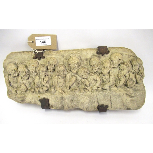 146 - Romanesque medieval style rectangular stone plaque ' The Last Supper ', 37 x 17cm, with iron mounts