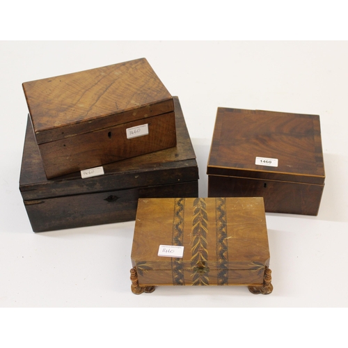 1460 - Three 19th century boxes (at fault) and a small jewellery box with inlaid decoration