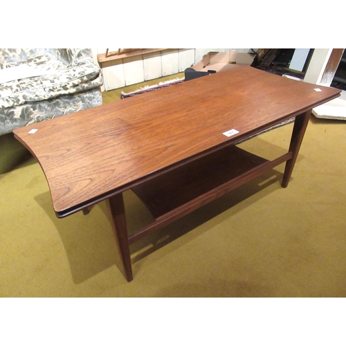 1469 - Small mid 20th Century teak coffee table with a shaped top on tapering support with undertier, 91cm ... 