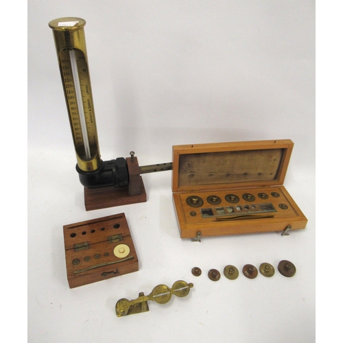 147 - Negretti and Zambra thermometer, a sovereign balance, two cased sets of weights and a quantity of lo... 