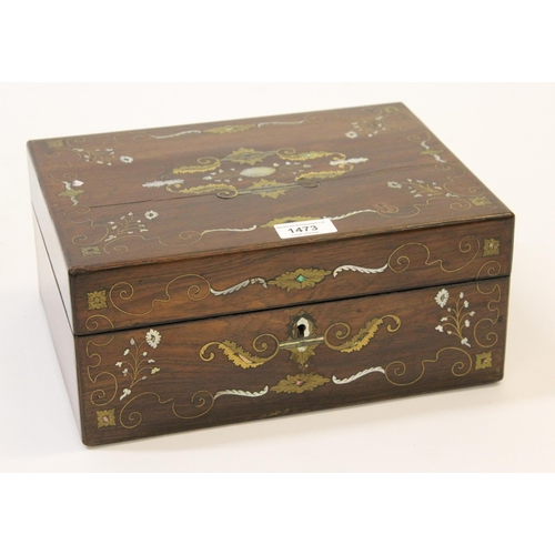 1473 - 19th Century rosewood mother of pearl and brass inlaid work box with fitted interior (cover at fault... 