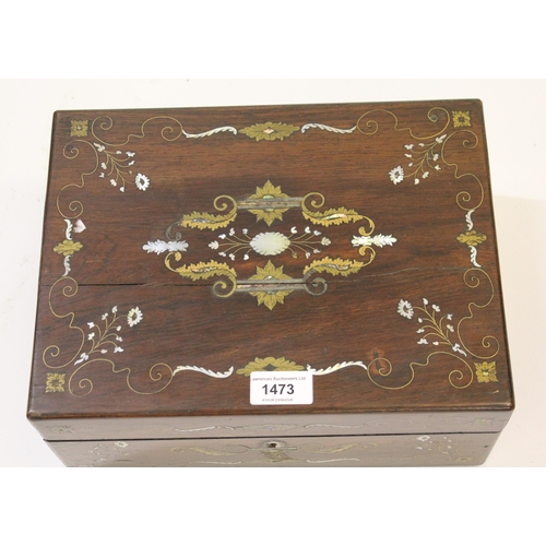 1473 - 19th Century rosewood mother of pearl and brass inlaid work box with fitted interior (cover at fault... 