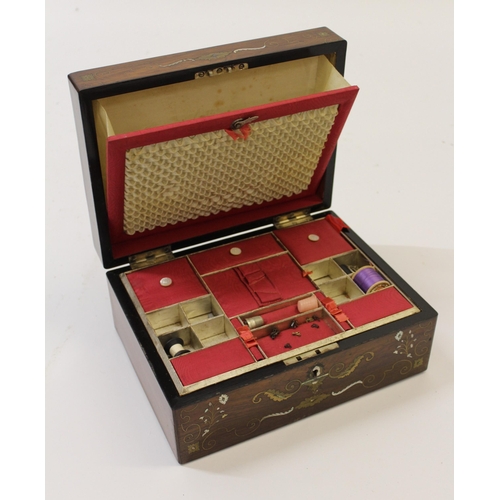 1473 - 19th Century rosewood mother of pearl and brass inlaid work box with fitted interior (cover at fault... 