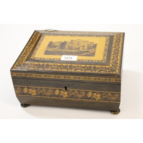 19th Century Tunbridge ware inlaid rosewood work box, the cover decorated with a view of a castle (for restoration)