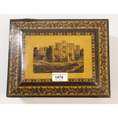 1474 - 19th Century Tunbridge ware inlaid rosewood work box, the cover decorated with a view of a castle (f... 