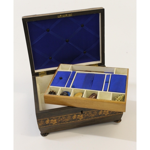 1474 - 19th Century Tunbridge ware inlaid rosewood work box, the cover decorated with a view of a castle (f... 