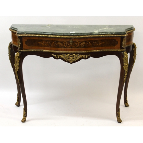 1479 - Reproduction French Kingwood marquetry inlaid ormolu mounted console table with a green marble top a... 