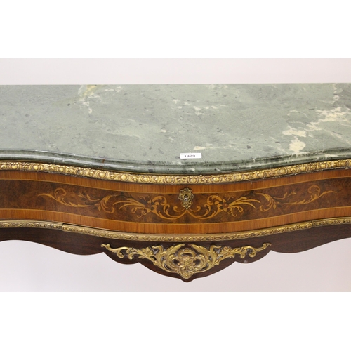 1479 - Reproduction French Kingwood marquetry inlaid ormolu mounted console table with a green marble top a... 