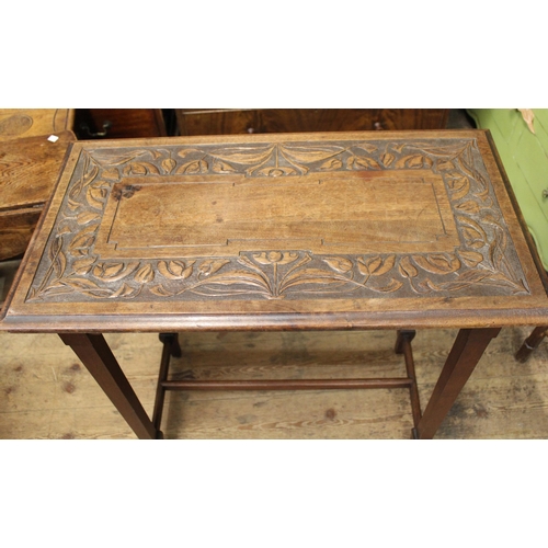 1485 - Arts & Crafts rectangular mahogany occasional table with carved top, raised on square tapering suppo... 