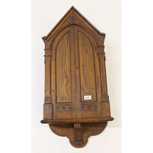 1489 - Late 19th Century oak Gothic style two door hanging cabinet, 40cm wide x 86cm high