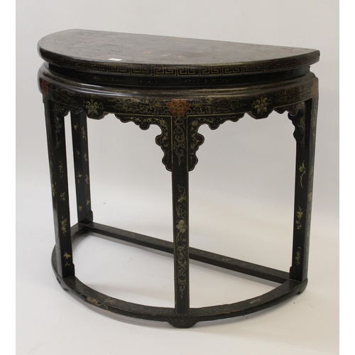 1493 - 19th Century Chinese black chinoiserie decorated D-shaped side table, the top decorated with a lands... 