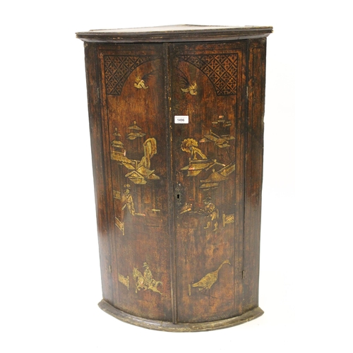 18th Century chinoiserie lacquer bow fronted hanging corner cabinet, decorated with pagodas and figures on horseback, 92cm high x 58cm wide