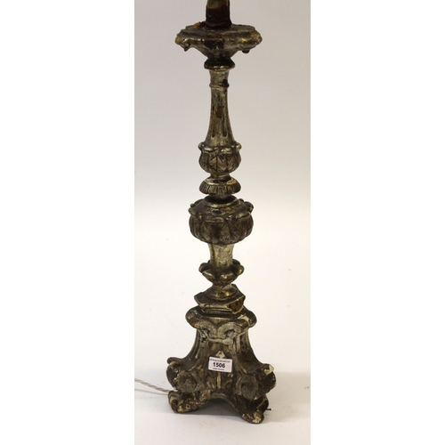 1506 - Antique carved wooden and silvered and gilded Dutch style lamp base adapted for electrical use, 83cm... 