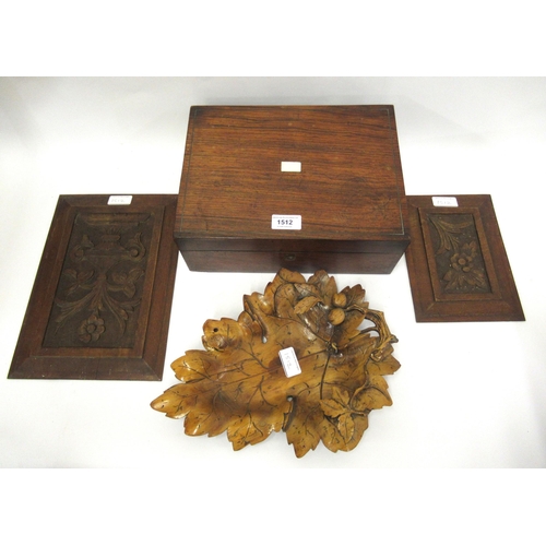 1512 - 19th Century rosewood box, two small carved panels and a carved wooden fruit dish