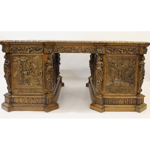 1522 - Fine oak twin pedestal partner's desk, the shaped red tooled leather inset top above shallow frieze ... 