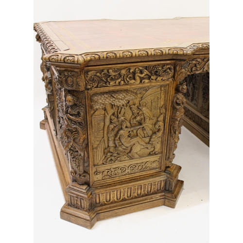 1522 - Fine oak twin pedestal partner's desk, the shaped red tooled leather inset top above shallow frieze ... 