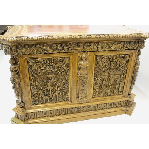 1522 - Fine oak twin pedestal partner's desk, the shaped red tooled leather inset top above shallow frieze ... 