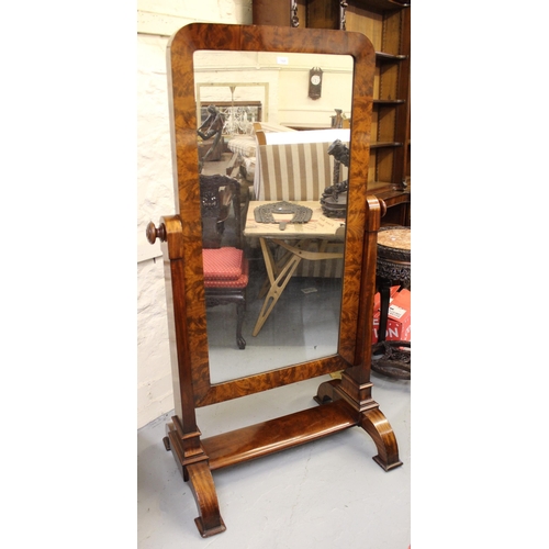 1525 - 19th Century figured mahogany cheval mirror, the arch top with rounded corners, the rectangular tape... 