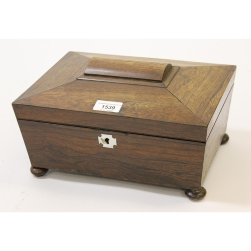 1539 - 19th Century rosewood sarcophagus shaped workbox, the hinged cover enclosing a lift-out tray