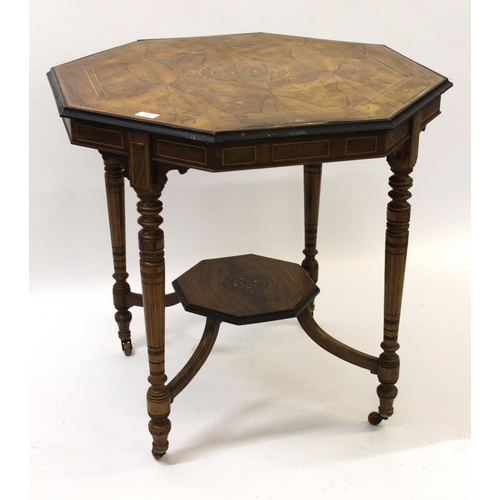 1542 - 19th Century rosewood inlaid octagonal centre table on turned tapering supports, with undertier and ... 