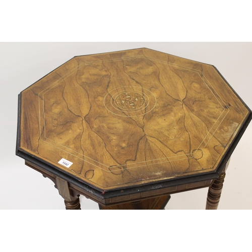 1542 - 19th Century rosewood inlaid octagonal centre table on turned tapering supports, with undertier and ... 