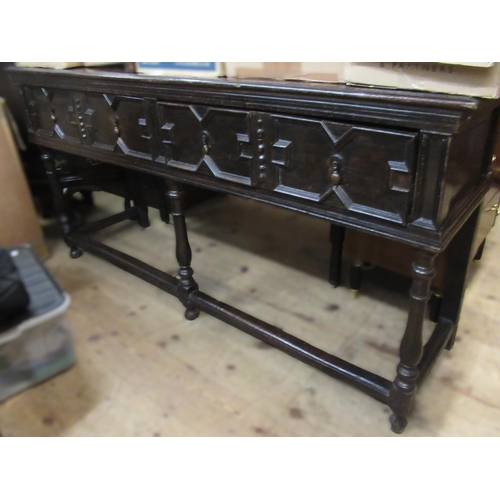 1544 - Oak dresser base in 17th Century style, with two geometric moulded front drawers on baluster support... 