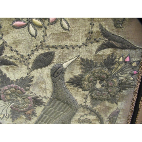 18 - Pair of antique metal threadwork and raised stumpwork embroidered panels, birds in foliage, 116 x 56... 