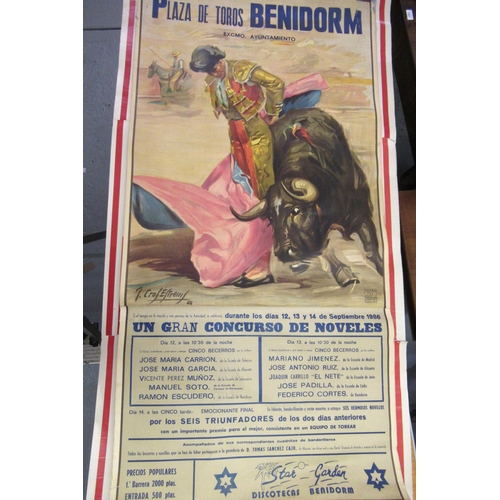 192 - Large Spanish bull fight advertising poster, circa 1960's (in three parts joined), 190 x 90cm approx... 