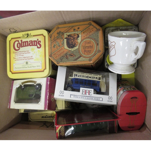Box containing a collection of Colmans advertising related tins, salts, money box and ephemera, also including Bovril boxed advertising vehicles