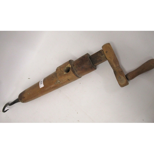 238 - Unusual antique turned burr wood rope twisting arm, mounted with an iron hook, 66cm long