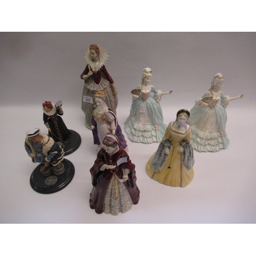 Sitzendorf porcelain figure of a lady in costume from Henry IV, together with five Coalport porcelain figures, Queens of England and Marie Antoinette, and two resin figures, Henry VIII and Elizabeth I