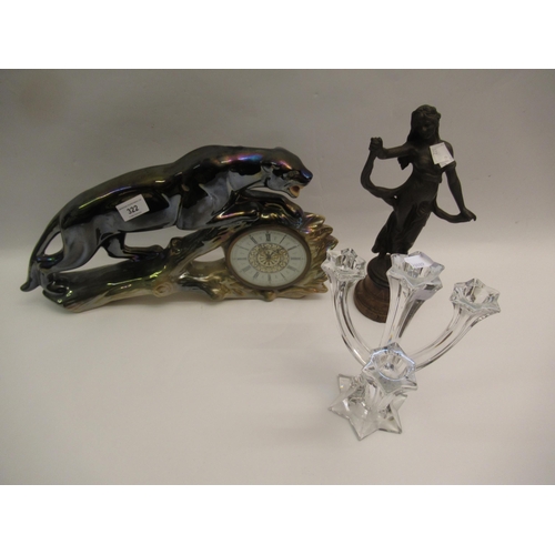 322 - Pottery mantel clock in the form of a panther, together with a four branch glass candelabra and a pa... 