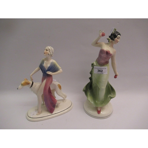 362 - Hertwig & Company, two pottery figures, a dancing girl and a girl with a dog (both with restorations... 