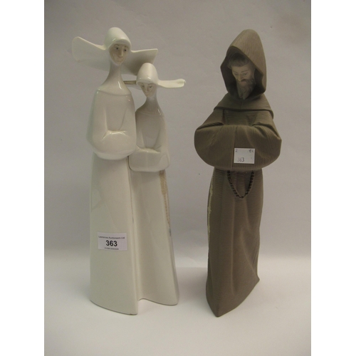 363 - Lladro porcelain group of two nuns, together with a Lladro bisque figure of a monk