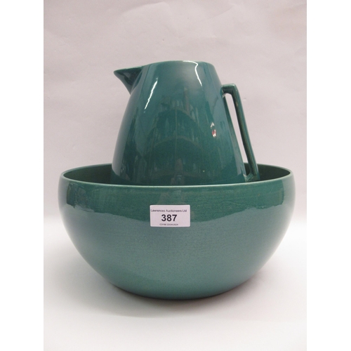 387 - Large Ashtead Potters Art Deco jug and wash basin in jade colour way, 30cm high x 32 diameter