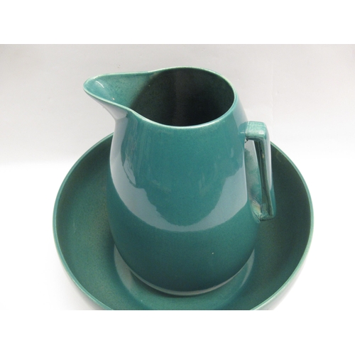 387 - Large Ashtead Potters Art Deco jug and wash basin in jade colour way, 30cm high x 32 diameter