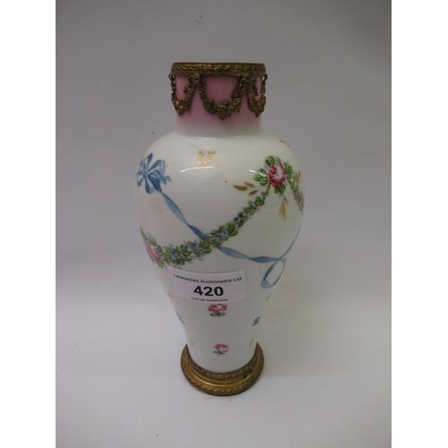 420 - French Sevres style porcelain baluster form vase with gilt metal mounts, with all over floral and ga... 