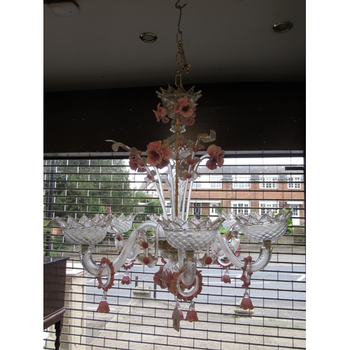 435 - Good quality 20th century Murano glass five branch chandelier, having clear pink and gilt glass arms... 