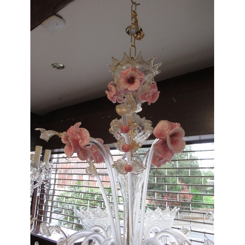 435 - Good quality 20th century Murano glass five branch chandelier, having clear pink and gilt glass arms... 