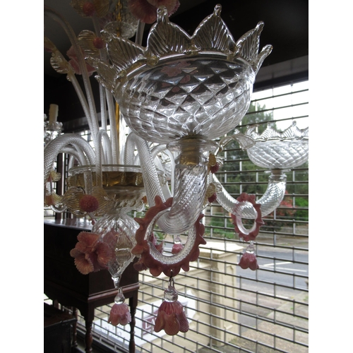 435 - Good quality 20th century Murano glass five branch chandelier, having clear pink and gilt glass arms... 