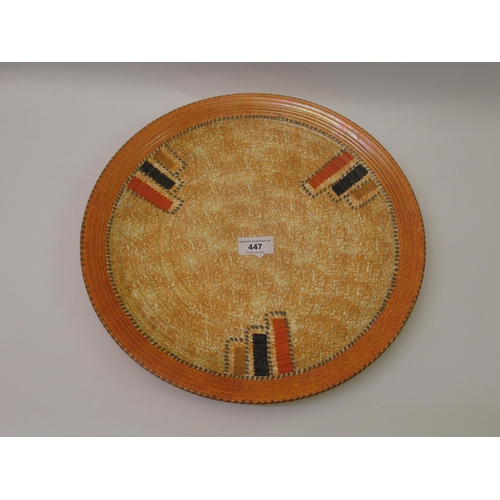 447 - Crown Ducal Charlotte Rhead style circular pottery wall charger, with orange border, 36cm diameter