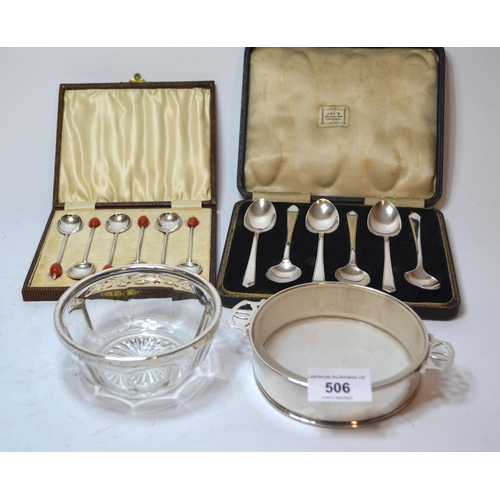 Set of six Birmingham silver coffee spoons in fitted box, another set of silver coffee spoons with bean handles, silver mounted glass dish and a Birmingham silver two handled butter dish with glass insert