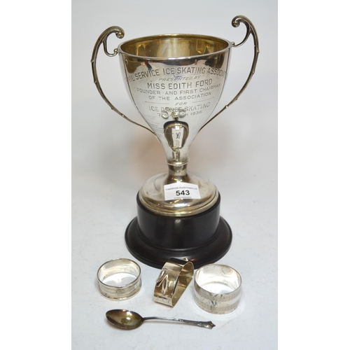 543 - Birmingham silver two-handled trophy cup, 8.5oz t, together with three silver napkin rings and a sil... 