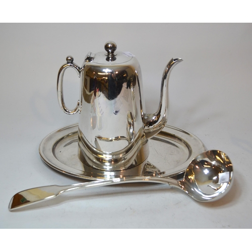 547 - Birmingham silver cream jug, Victorian London silver berry spoon, plated hot water pot, ladle and ov... 