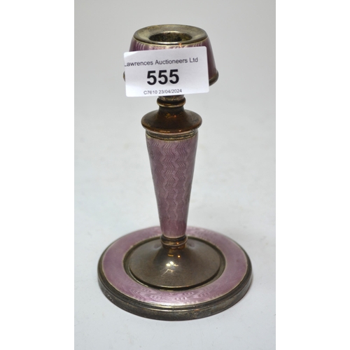 555 - Silver and purple enamel decorated candlestick (at fault), together with a small quantity of various... 