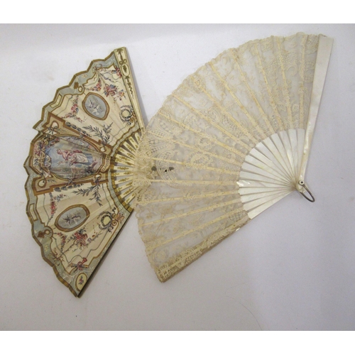 58 - Small 19th Century mother of pearl and lace fan, bone and paper fan and other miscellaneous small co... 