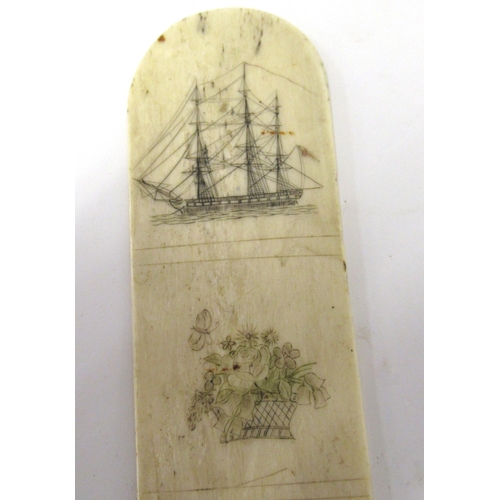 62 - Early 19th Century whalebone corset stay, the scrimshaw decoration depicting maritime and other scen... 