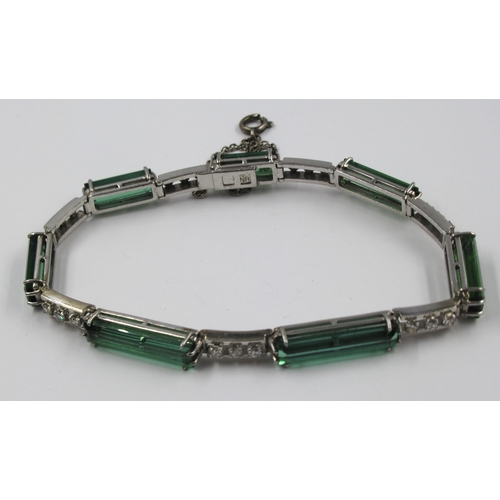 678 - 18ct white gold bracelet set with tourmaline and diamonds, 18cm long